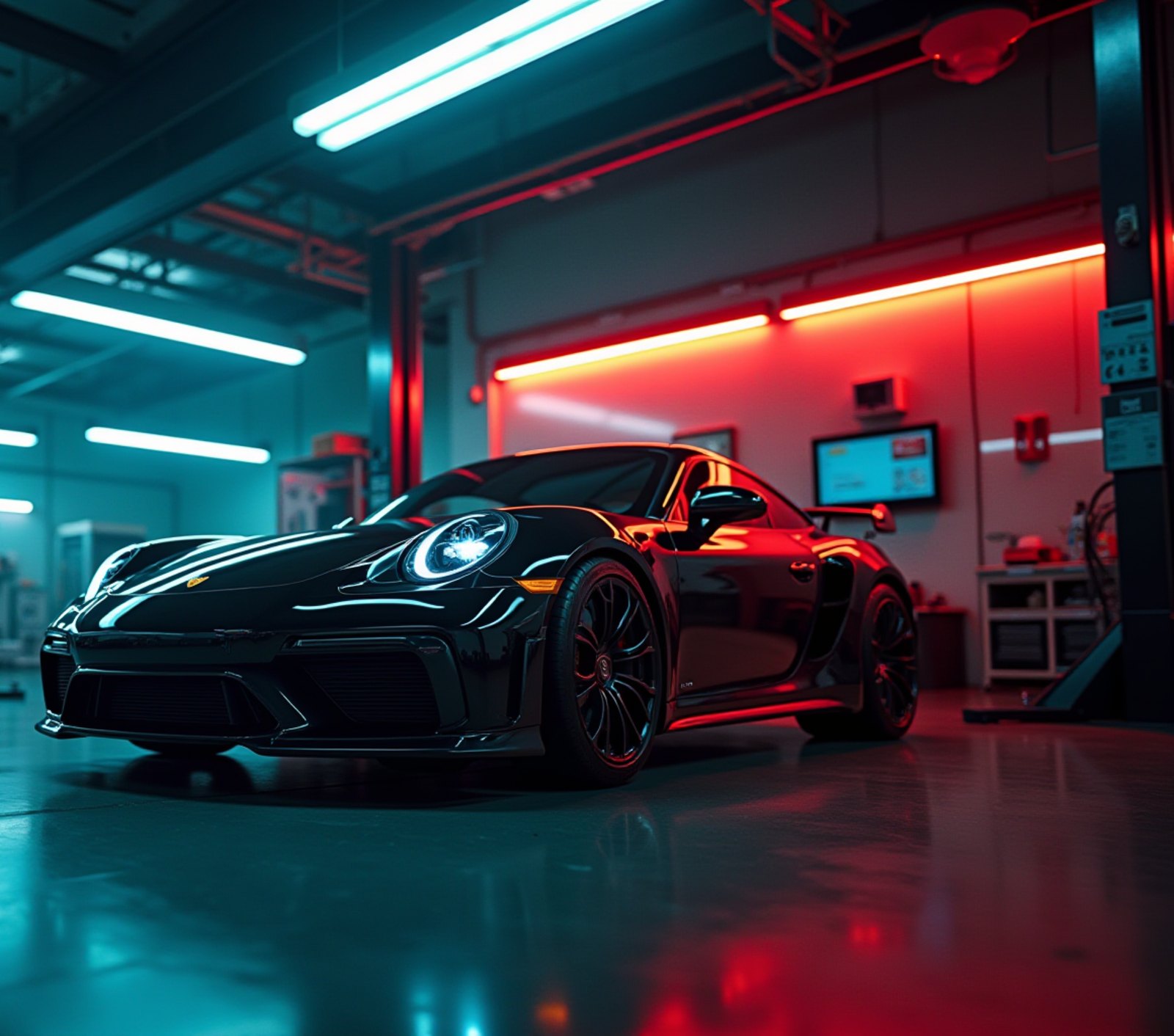 Black sports car in a red-lit service bay